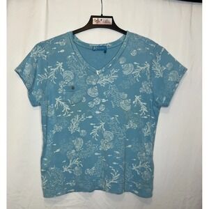 Fresh Produce Women's  Size 1X Blue V-Neck Top Tropical Print Fish/Shells